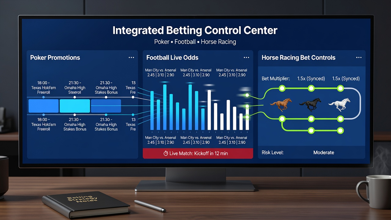 Dashboard view showing synchronized poker promotion clocks, football live odds streams, and horse racing control settings